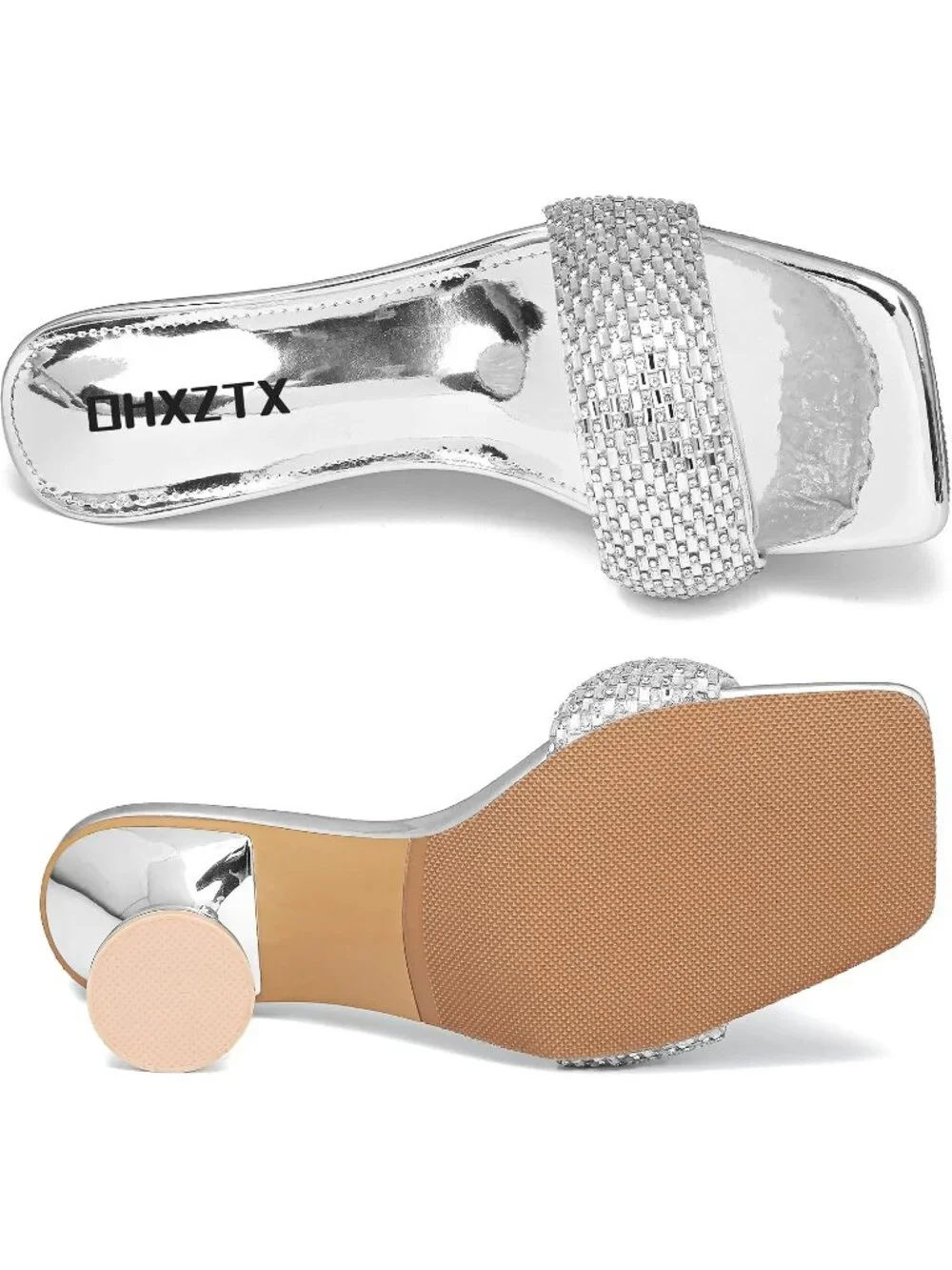 Women's Silver Rhinestone Square Open Toe 3.15 IN Square Kitten Heels Sandals